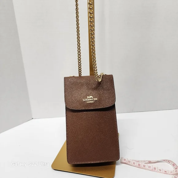 Coach Brown/Tan Leather Crossbody Phone Bag Wallet Chain Strap Gold Hardware - Picture 13 of 13